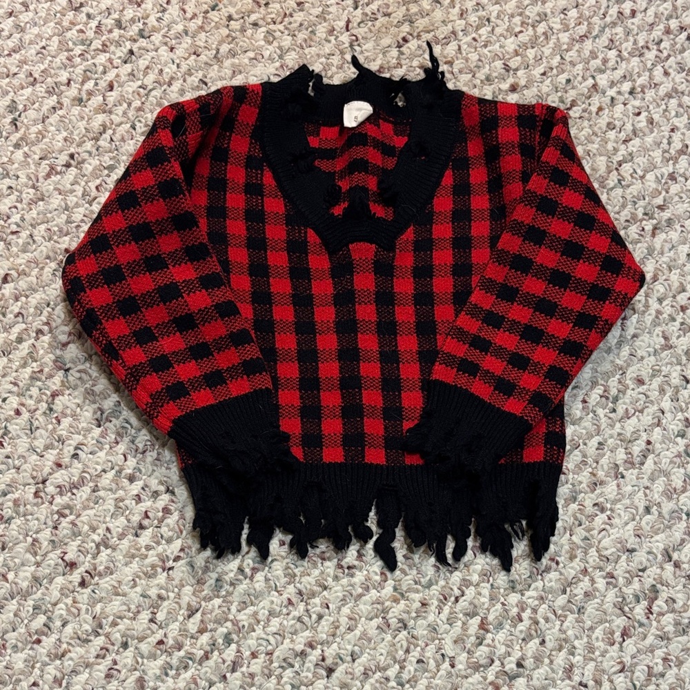 Plaid Red and Black Distressed Sweater